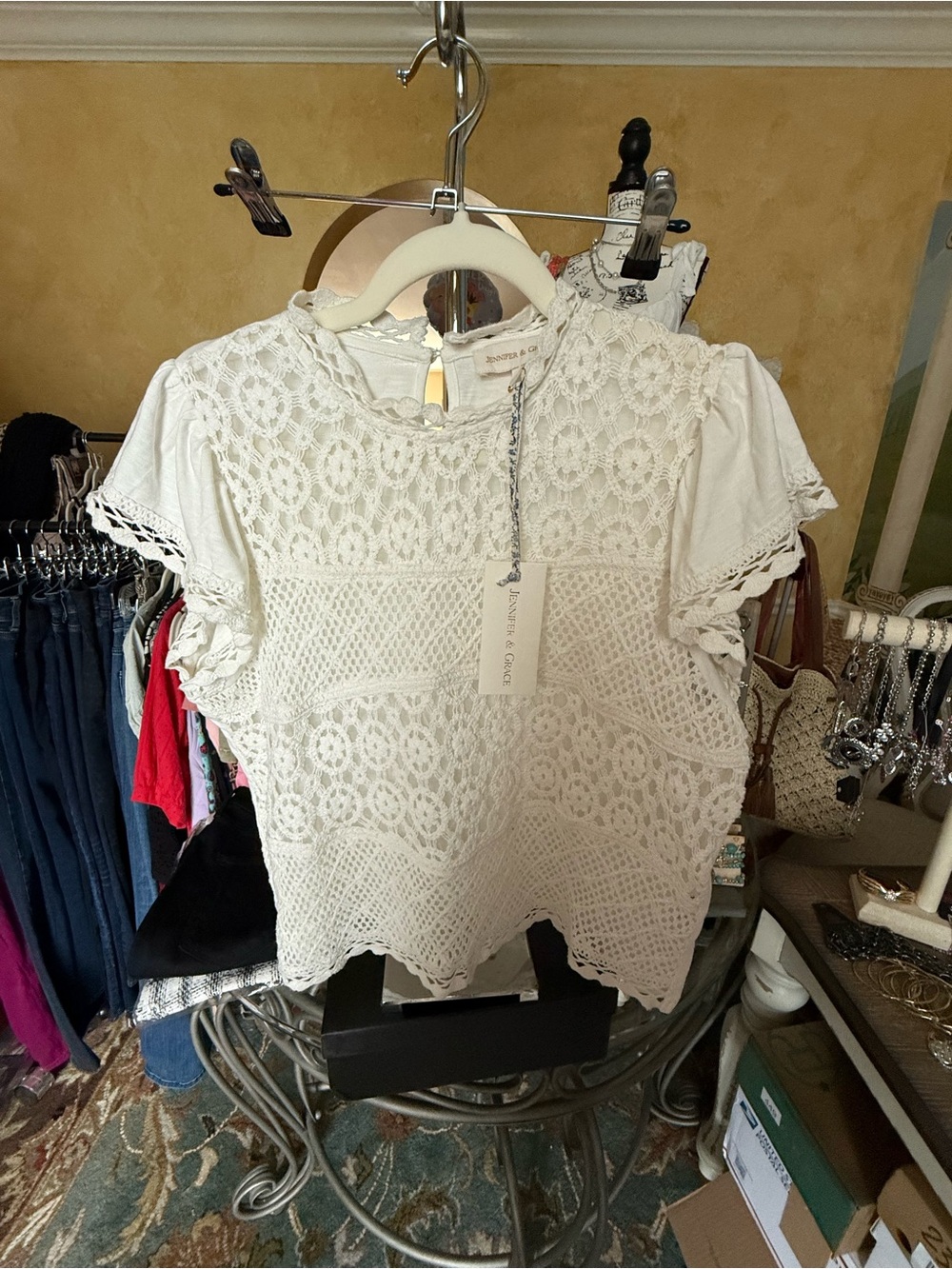 Lace Crochet Flutter Sleeve Top in white